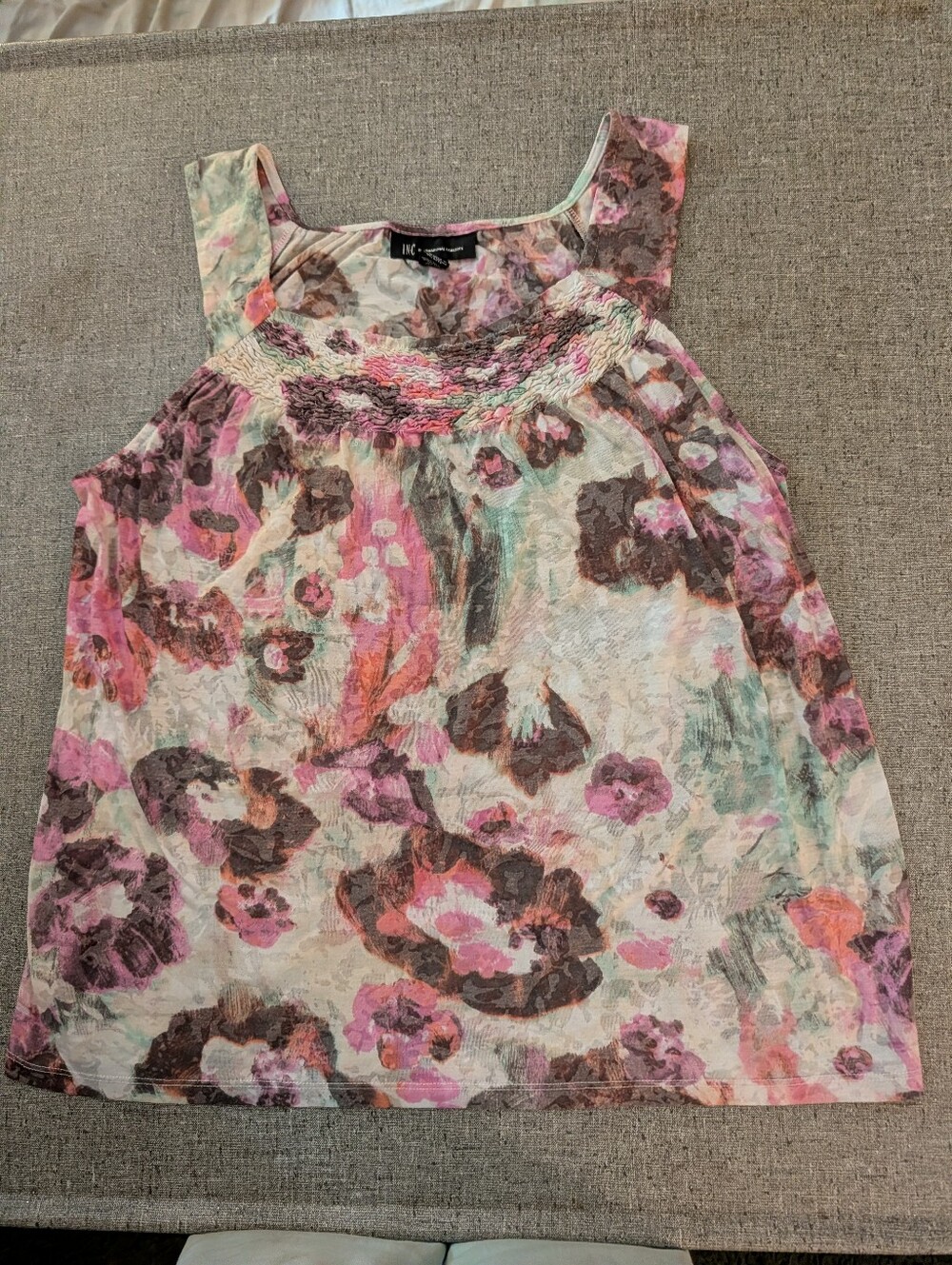 INC International Concepts Poly Pink Multi Floral Smocked Yoke Tank Size XL